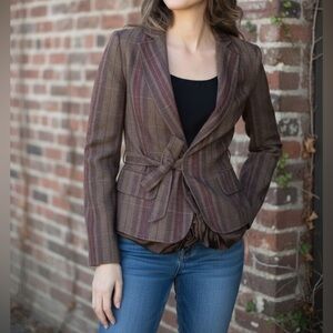 Y2K BCBG Max Azria Plaid Brown Tailored Bow Blazer XS Women’s Vintage Preppy